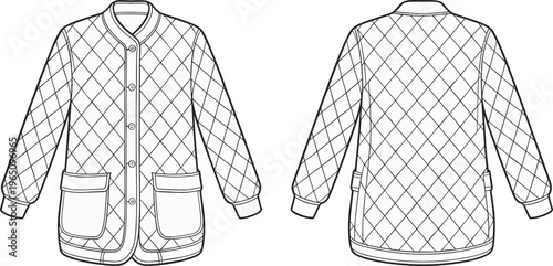 Quilted jacket, front and back view, technical flat sketch, fashion cad, vector illustration, outerwear design, garment construction, apparel template