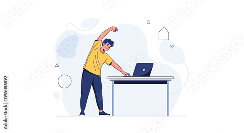 Man stretching at desk with laptop, promoting healthy remote work and office fitness.
