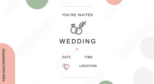 Wedding Invitation Card Template with Rings and Heart Icons, Soft Colors