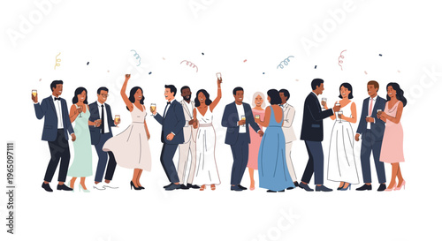 Diverse people celebrating, toasting champagne, confetti falling, elegant party scene