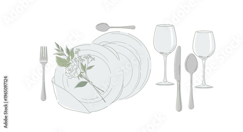 Elegant Table Setting with Plates, Cutlery, Wine Glasses, and Greenery - Minimalist Design