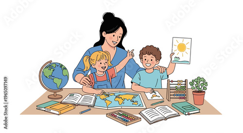 Teacher Helping Children Learn Geography and Math with Maps, Globes, and Abacus