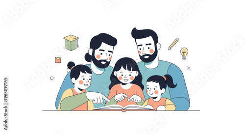 Family reading together, two dads and children learning, illustration, education, home study