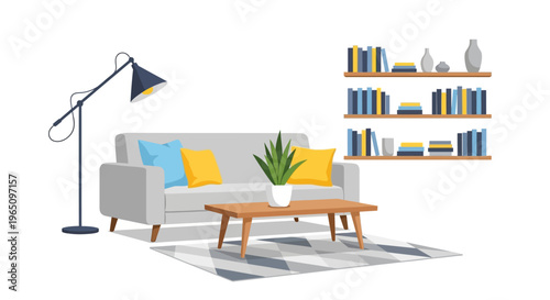 Cozy Living Room Scene with Sofa, Coffee Table, Bookshelf, and Floor Lamp