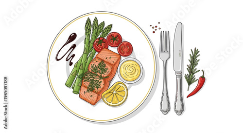 Gourmet Salmon Fillet with Asparagus, Cherry Tomatoes, and Lemon - Hand-Drawn Style