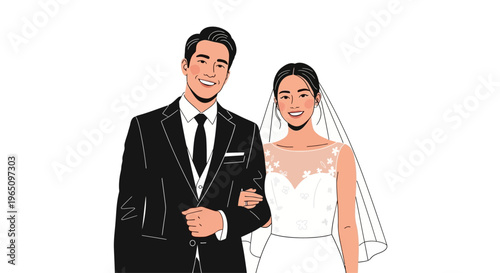 Happy Asian Couple, Bride and Groom, Celebrating Wedding Day, Formal Attire, Vector Illustration