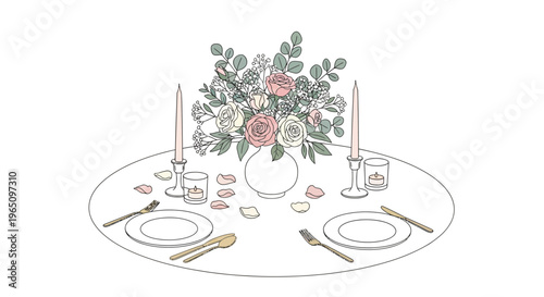 Elegant Table Setting for Two with Floral Arrangement and Candles