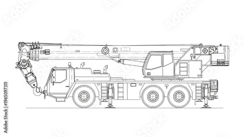 Mobile Crane Illustration in Blueprint Style - Heavy Lifting Equipment