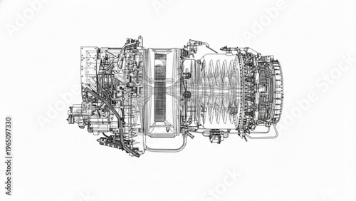 Industrial gas turbine engine diagram top-down view on white background