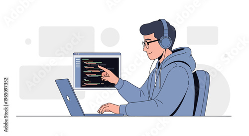 Programmer working on laptop with headphones, coding on screen, modern illustration