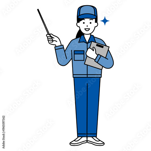 指示棒で説明するつなぎ作業服の女性（全身）