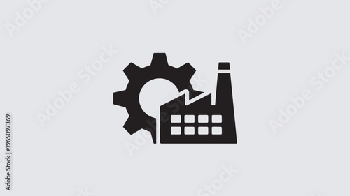 A bold, solid black icon combining an industrial factory building with smoke stacks and a large gear, symbolizing manufacturing, production, and industrial processes.