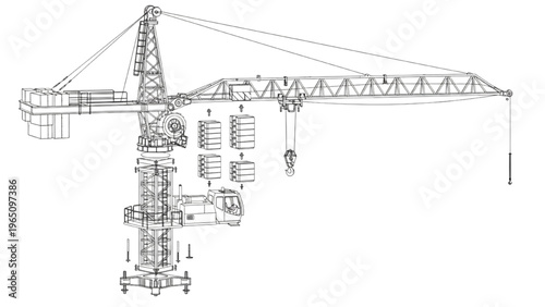 Construction crane schematic drawing of an industrial lifting tower machine