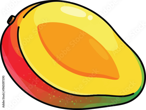 A vibrant depiction of a mango cut open to reveal its juicy, golden interior and rich red flesh underneath the skin Vector