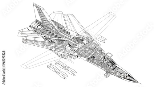 Detailed Wireframe Illustration of Advanced Military Aircraft Internal Structure and Components