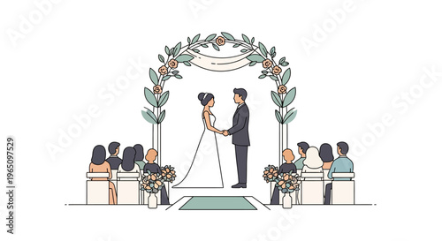 Wedding Ceremony: Couple Exchange Vows Under Floral Arch with Guests Seated