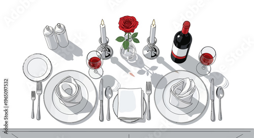 Romantic Dinner Table Setting with Rose, Wine, and Candles for Two
