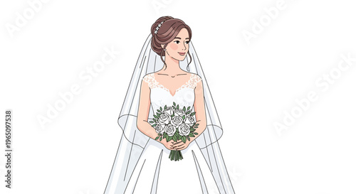 Elegant Bride in Wedding Dress with Veil and Bouquet