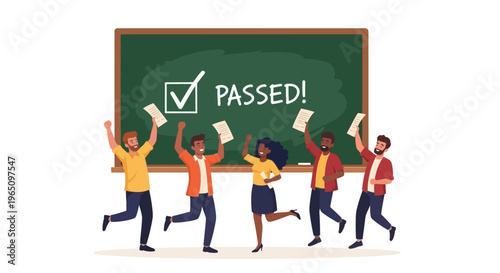 Diverse Students Celebrate Passing Exam with Joyful Cheers and Papers Raised