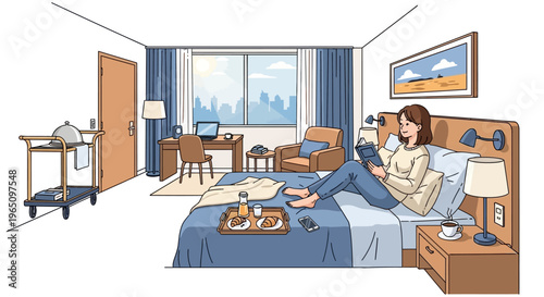 Woman Relaxing Reading Book in Hotel Room with Room Service Tray and City View