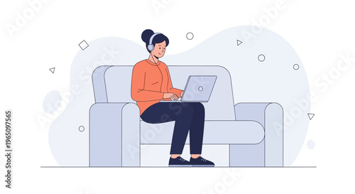 Woman with headphones working on laptop on sofa, remote work and online learning concept