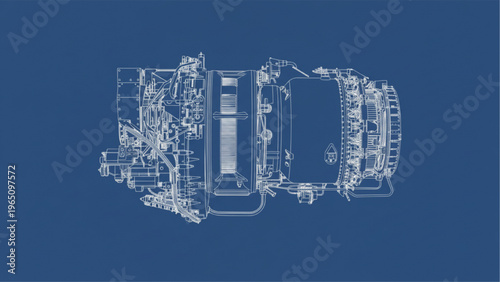 Detailed Blueprint of a Jet Engine's Complex Mechanical Structure