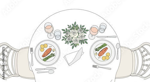 Elegant Table Setting for Two with Floral Centerpiece and Gourmet Meal