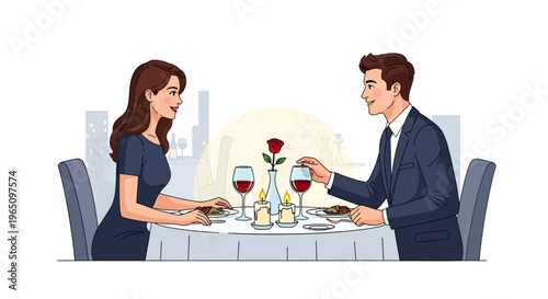 Couple Enjoying Romantic Dinner Date at Restaurant with Cityscape Background