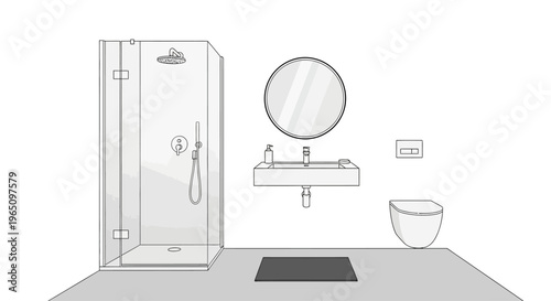 Modern Bathroom Sketch: Shower, Sink, Toilet, Mirror, Mat