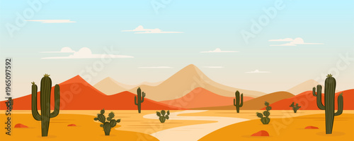 Beautiful desert landscape on a sunny day. Desert with cacti and mountains. Wild desert background with a road leading to the mountains. Wild West vector illustration.