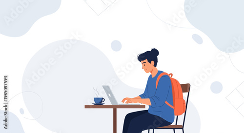 Young person with backpack working on laptop at cafe table with coffee