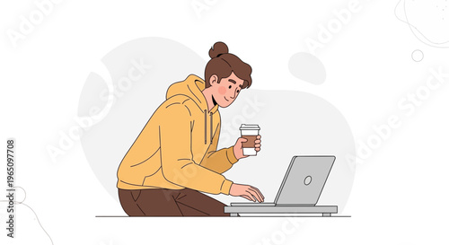 Young person in hoodie with coffee working on laptop, illustration, modern lifestyle