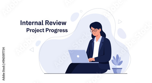 Businesswoman working on laptop, project progress, internal review, modern office illustration