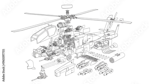 Exploded view technical drawing of a modern combat helicopter