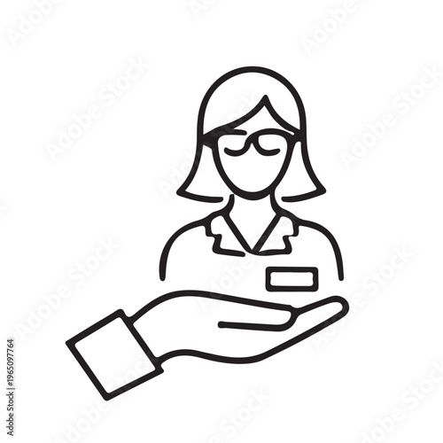 Hand holding librarian character icon representing library service.