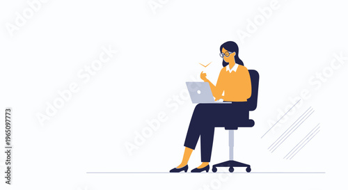 Woman working on laptop in office chair, success, modern flat design