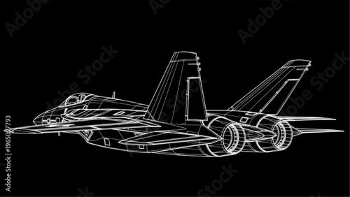 Detailed wireframe blueprint of a modern supersonic fighter jet aircraft
