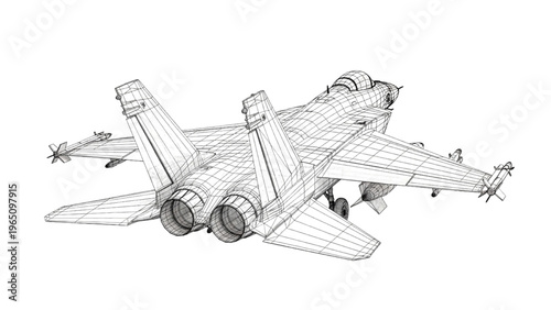 Wireframe illustration of a modern fighter jet aircraft in perspective