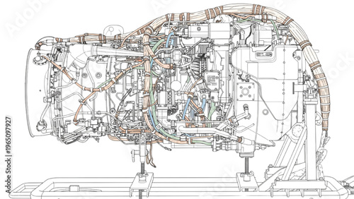 Helicopter turbine engine CAD drawing, aerospace technical diagram