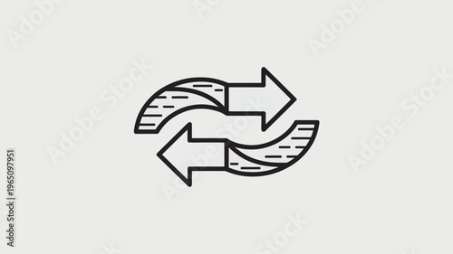 A dynamic monochrome icon features two curving arrows forming a circular refresh or exchange symbol, with textured lines on the arrow tails indicating movement and continuous flow.