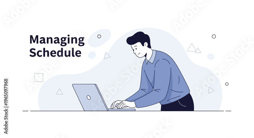 Man working on laptop, managing schedule, business concept illustration