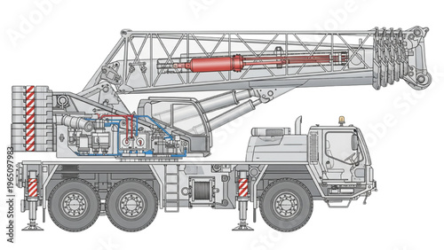 Technical Drawing of a Heavy-Duty Mobile Crane's Hydraulic and Mechanical Components
