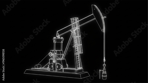3D wireframe animation of an oil pump jack in motion