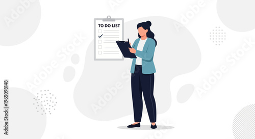 Woman checking off tasks on a to-do list clipboard, business planning and organization concept.