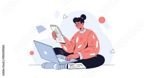 Young woman with bun hairstyle working on laptop with notebook and papers