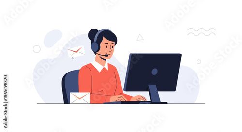 Customer service operator with headset working on computer, communication concept