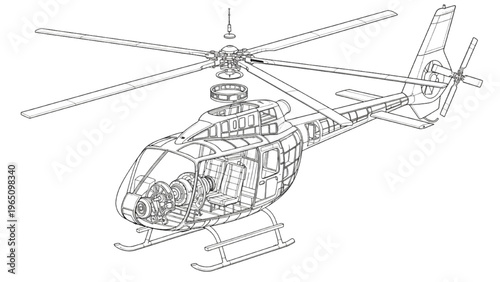 Detailed engineering drawing of a helicopter showcasing its internal structure and components