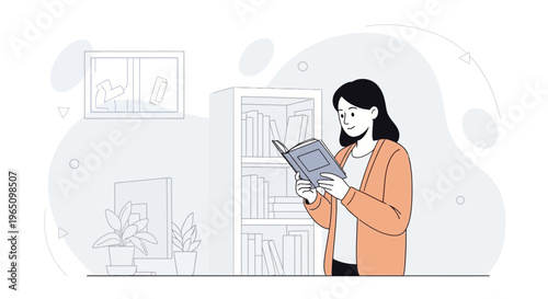 Woman reading a book in a cozy room with bookshelves and plants