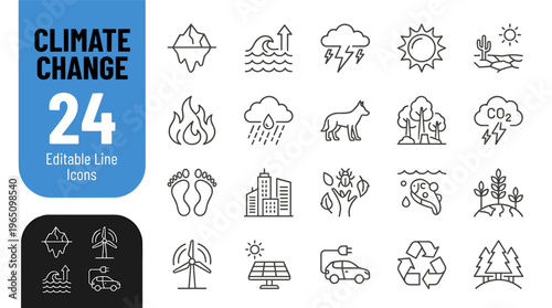 Climate Change Editable Line Icons on White Background for Editorial Use