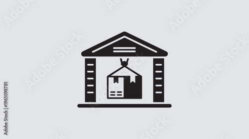 A minimalist black icon features a gabled warehouse structure with multiple loading docks, showcasing a large package suspended and ready for movement by an overhead crane system inside the facility.